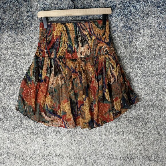 A.L.C. Skirt Womens 6 Silk Metallic Pleated Mini Boho Animal Print Multicolor - Picture 4 of 7